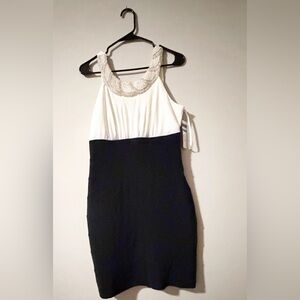 Cachet Elegant Black and White Dress with Beaded Neckline